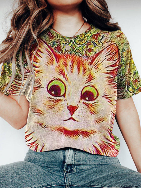 Vintage Painted Cat Printed Women's Washed T-shirt elevenforest