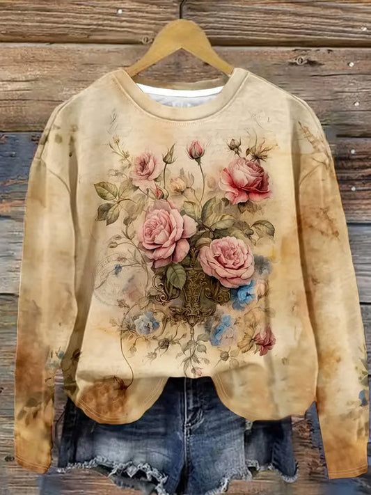Women's Autumn Retro Flowers Print Sweatshirt artswardrobe