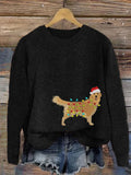Comstylish Women's Christmas Golden Retriever Embroidery Print Sweater