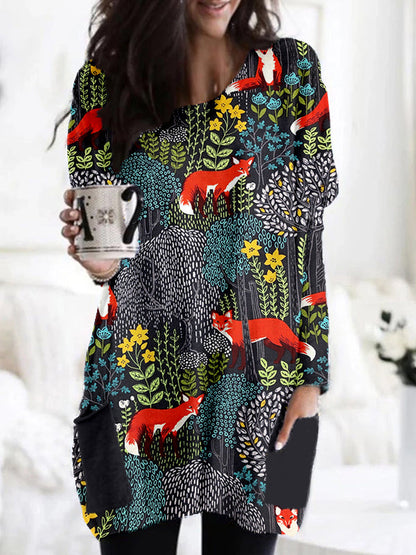 Fox in the Forest Graphic Comfy Patch Pocket Tunic artswardrobe