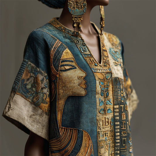 Ancient Egyptian Woman Face Ethnic Embroidered Linen Shirt artswardrobe