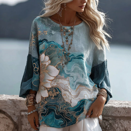 Comstylish Vintage Gradient Marble Texture Floral Pattern Art Linen Three-quarter Sleeves Shirts