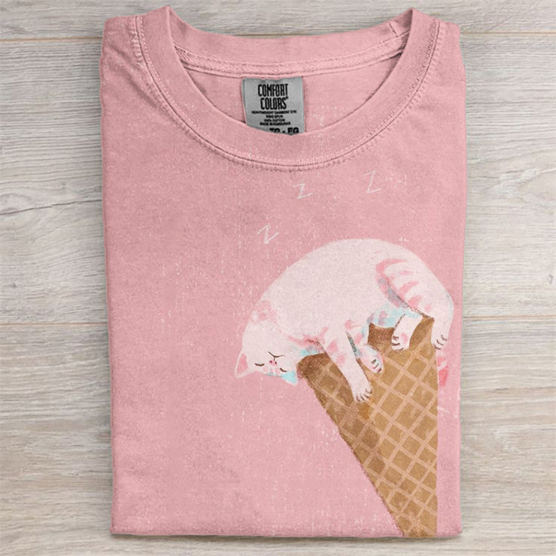 Funny Sleeping Cat Ice Cream Cone Washed T Shirt elevenforest