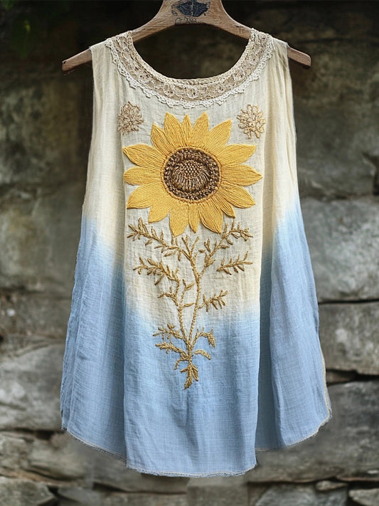 Retro Boho Sunflower Embroidered Linen Tank Top artswardrobe