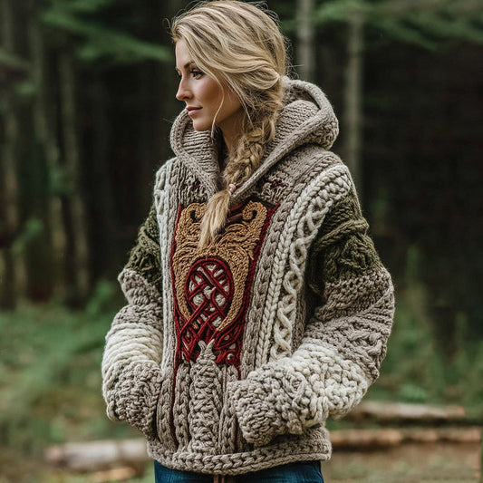 Women's Celtic Knot Irish Jacquard Contrast Print Knit Hoodie artswardrobe