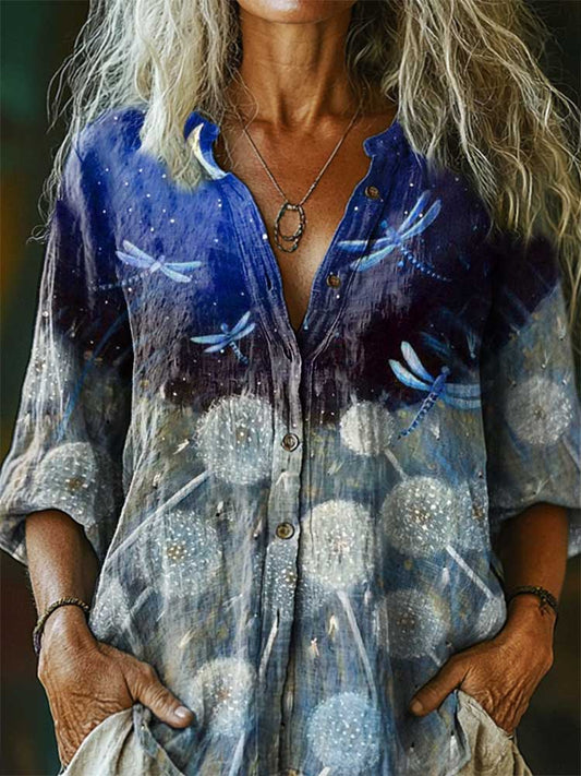 Women's Dandelion Dragonfly Pattern Art Print Cotton Linen Casual Shir