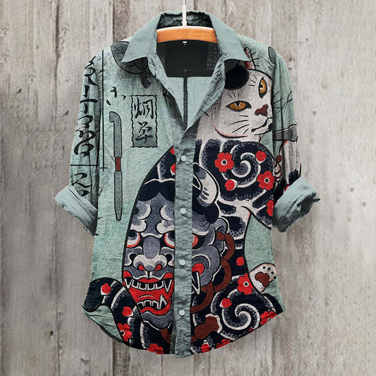 Vintage Japanese Art Cat Linen Blend Shirt elevenforest