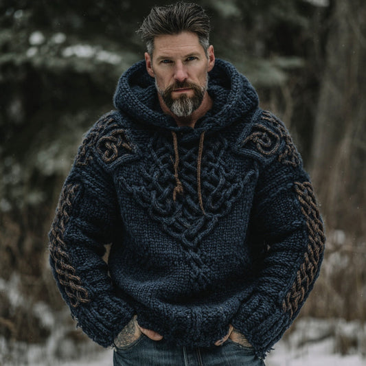 Men's Viking Celtic Knot Art Jacquard Chunky Knitted Cozy Hooded Sweater artswardrobe