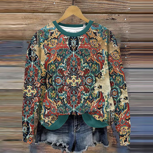Comstylish Vintage Distressed Tribal Pattern Crew Neck Sweatshirt