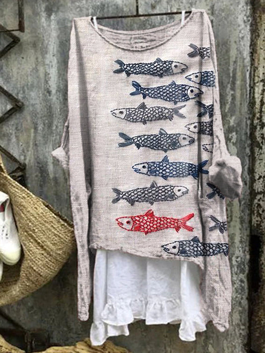Comstylish Women's Japanese Art Fish Embroidery Linen Blend Shirt