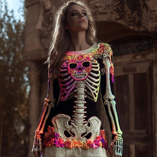 Comstylish Day Of The Dead Inspired Skeleton Cozy Knit Sweater Dress