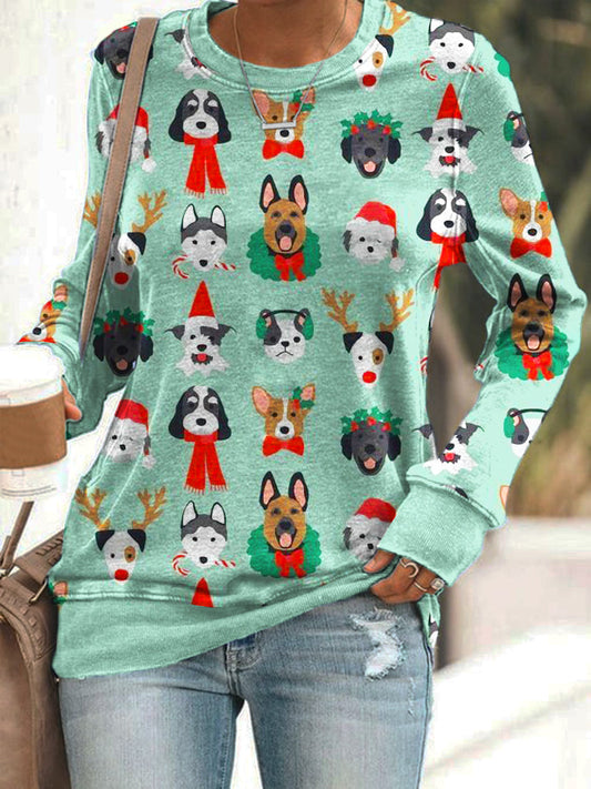 Comstylish Christmas Dogs Print Women's Long Sleeve T-Shirt