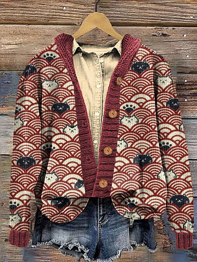 Cute Cats and Waves Print Cozy Hooded Cardigan elevenforest