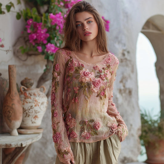 Comstylish Boho Pink Roses Embroidered Vintage Cozy Linen Tunic