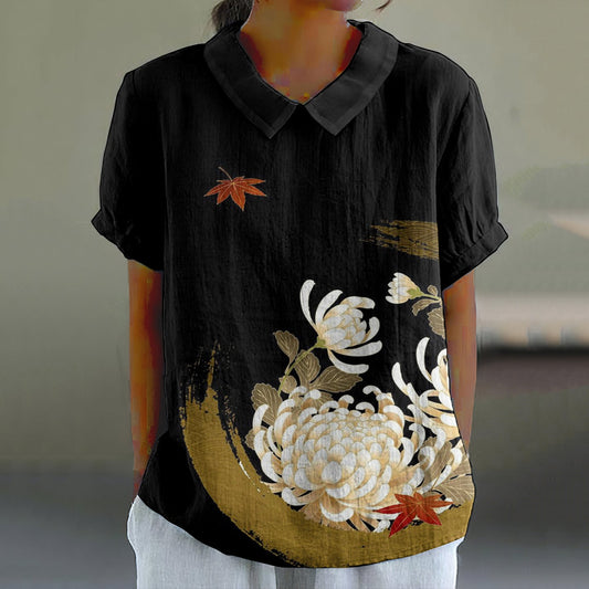 Comstylish Japanese Art Chrysanthemum Print Lapel Blouse