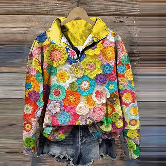Comstylish Vintage Rainbow Floral Peace And Love Art Print Zip Up Cozy Sweatshirt