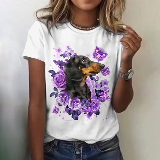 Comstylish Women's Retro Cute Dachshund And Floral Art Print Casual T-shirt