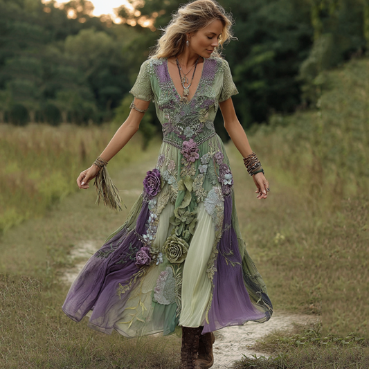 Classy Gradient Purple Lavender And Floral Embroidered Linen Maxi Dress artswardrobe