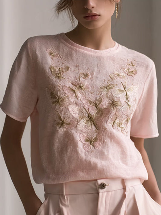 Comstylish Women's Retro Pink Butterfly Embroidery Art Print Round Neck Short Sleeve T-shirt