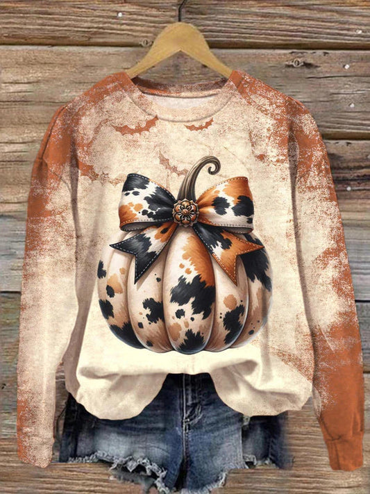 Comstylish Women's Cowhide Pumpkin Long Sleeve Sweatshirt