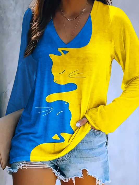 Ukraine Yellow Blue Cat Print Women's Long Sleeve T-shirt elevenforest