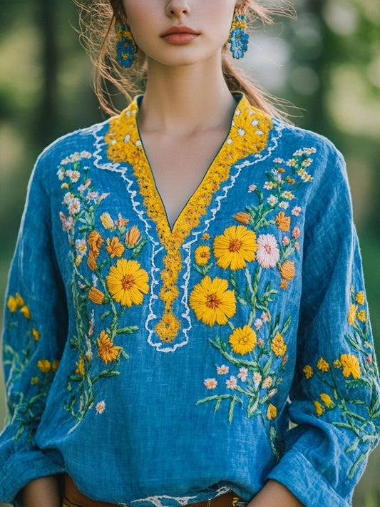 Vintage Floral Embroidered Linen Blend Cozy Tunic artswardrobe