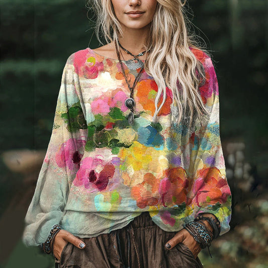 Women's Vintage Flower Art Print Casual Cotton And Linen Shirt artswardrobe