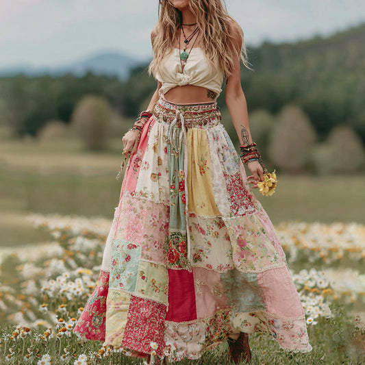 Vintage Boho Roses Patchwork Art Flowy Linen Skirt artswardrobe