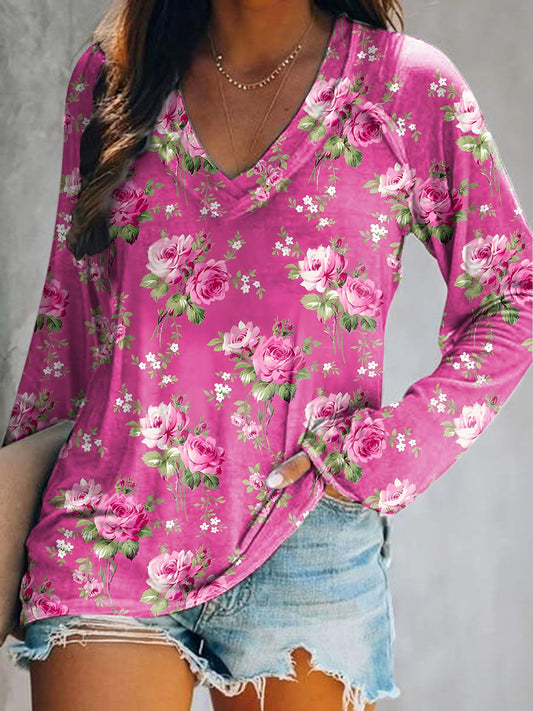 Women's Floral Art Print V-Neck Long Sleeve Top