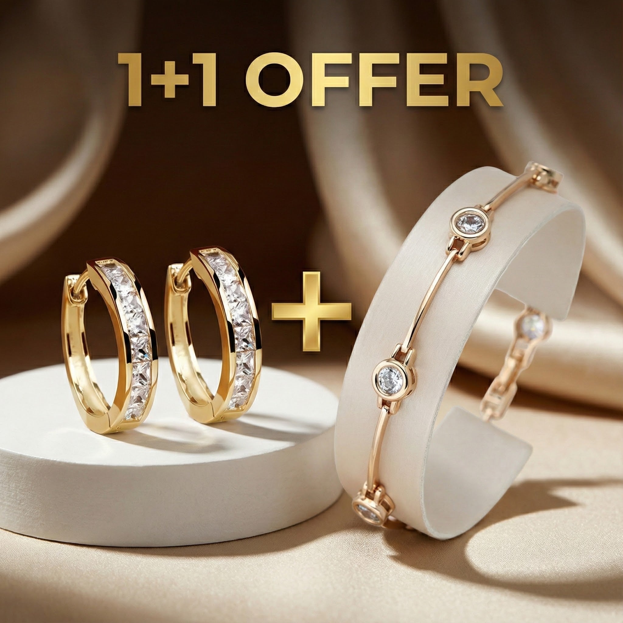 1+1 Offer: Gold and Crystal Earrings + Bracelet With Zirconias in Gold