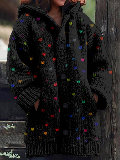 Cute Little Kitty Pattern Cozy Hooded Knit Cardigan elevenforest
