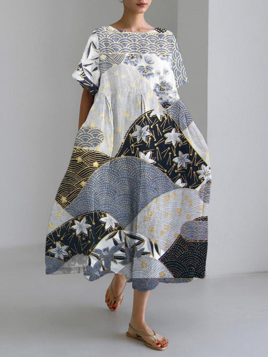 Comstylish Japanese Landscape & Flower Print Linen Blend Maxi Dress