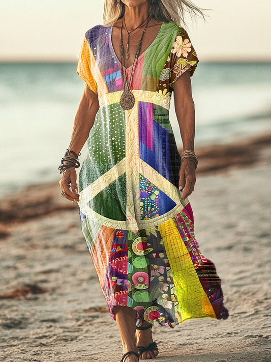 Women's Retro Peace Pattern Print Pocket Cotton Dress