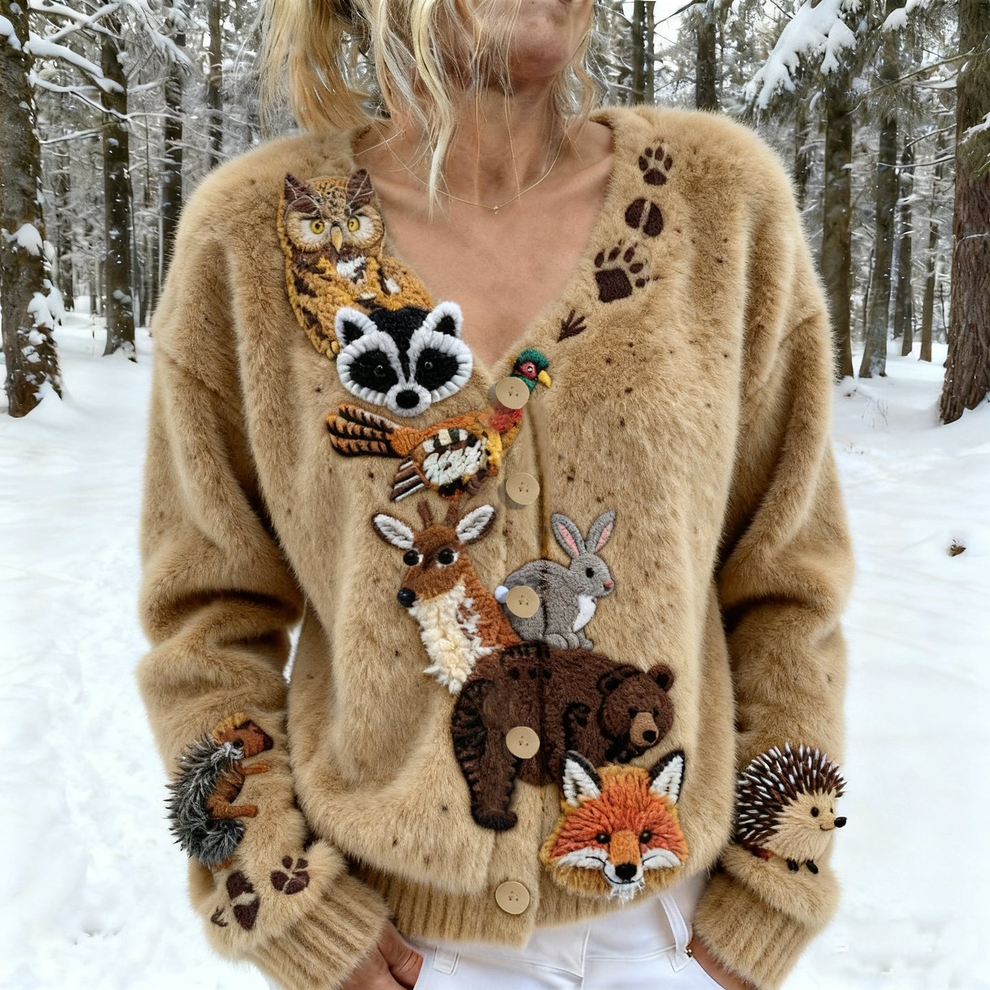 Comstylish Vintage Protect Forest Cute Animal-inspired Cozy Knit V-neck Cardigan