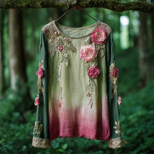 Vintage Gauzy Floral Embroidery Women's Round Neck Long Sleeve T-shirt artswardrobe
