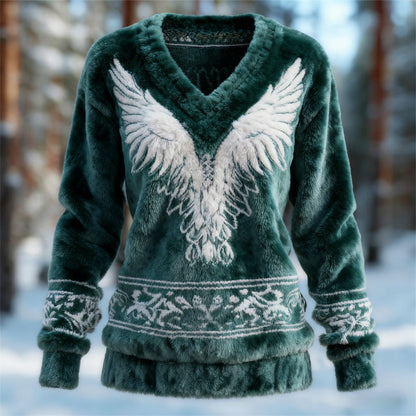 Comstylish Viking Angel Wings Design Women's Flannel V-neck Sweater