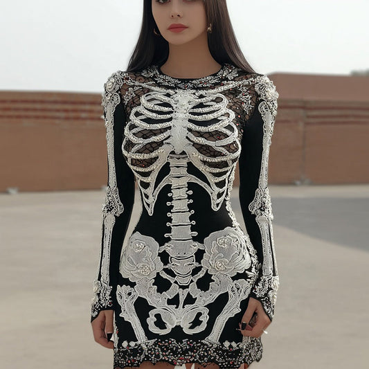 Comstylish Women's Vintage Halloween Skull Pattern Cozy Knit Mini Sweater Dress