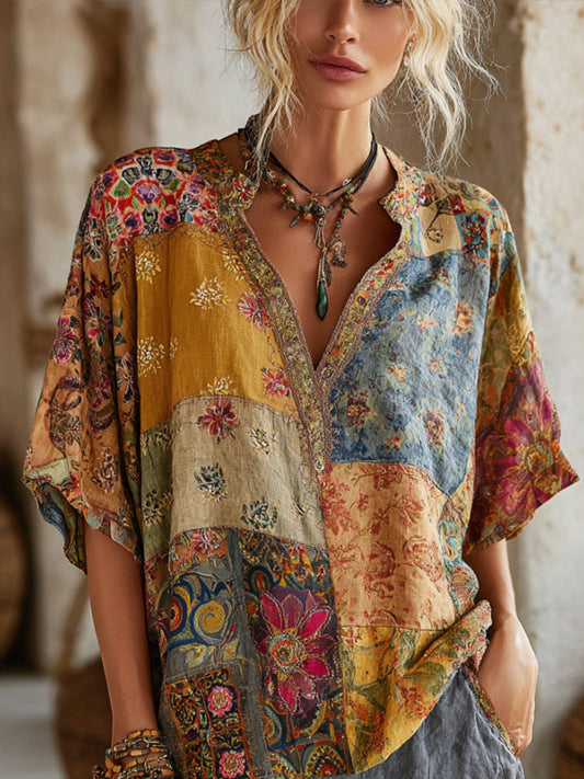 Comstylish Bohemian Style Patchwork Print Vintage Tie-dye V-neck Short-sleeved Shirt