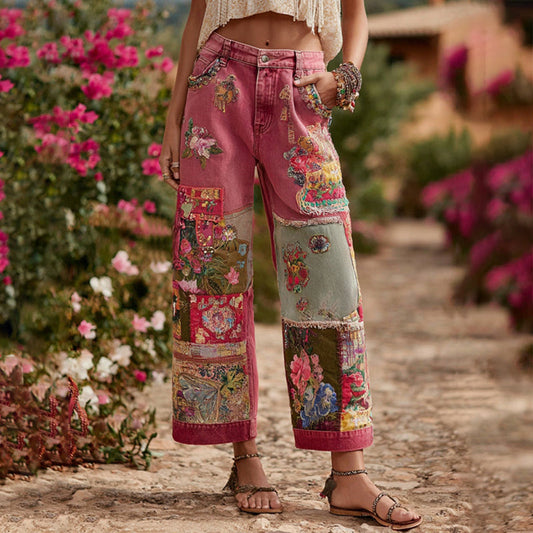 Comstylish Women's Bohemian Floral Embroidery Art Patchwork Casual Jeans