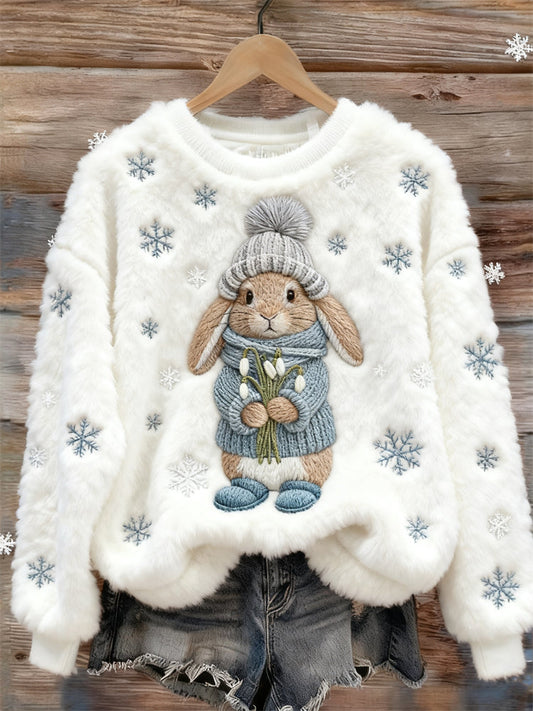 Comstylish Winter Bunny & Snowflakes Embroidered Cozy Plush Sweatshirt