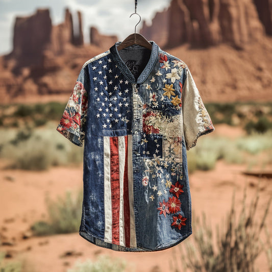 Men's American Flag Independence Day Contrast Patchwork Sun Linen T-shirt artswardrobe