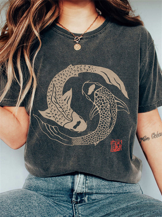 Comstylish Carp Fish Contrast Japanese Lino Art Vintage T Shirt