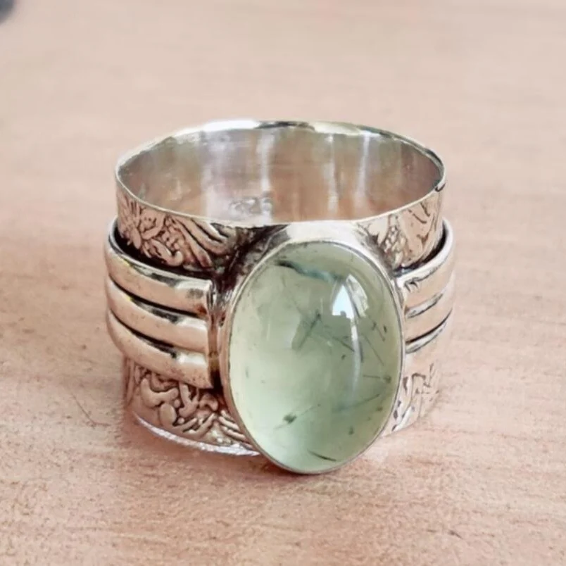 Green Glass Silver Ring