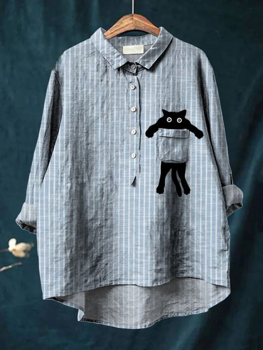 Comstylish Women's Black Cat Stripe Art Print Casual Cotton And Linen Shirt