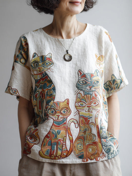 Comstylish Cat Embroidery Short-sleeved Shirt