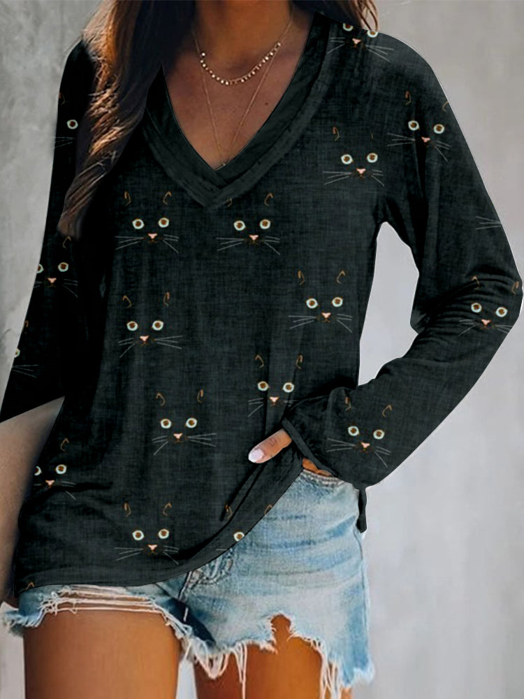 Cute Cat Face Pattern V Neck Casual T Shirt elevenforest