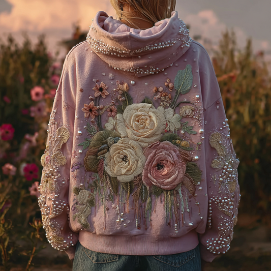Comstylish Bohemian Style Plant And Flower Embroidery Pattern Women's Hooded Sweatshirt