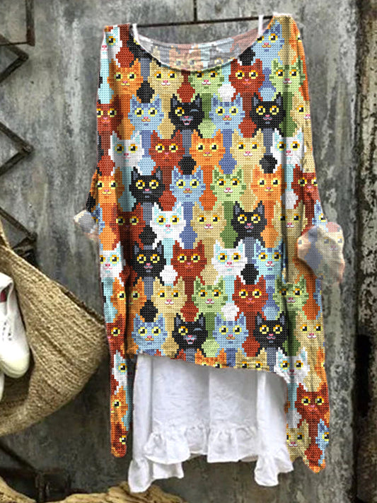 Colorful Cute Cats Embroidery Art Linen Blend Shirt elevenforest