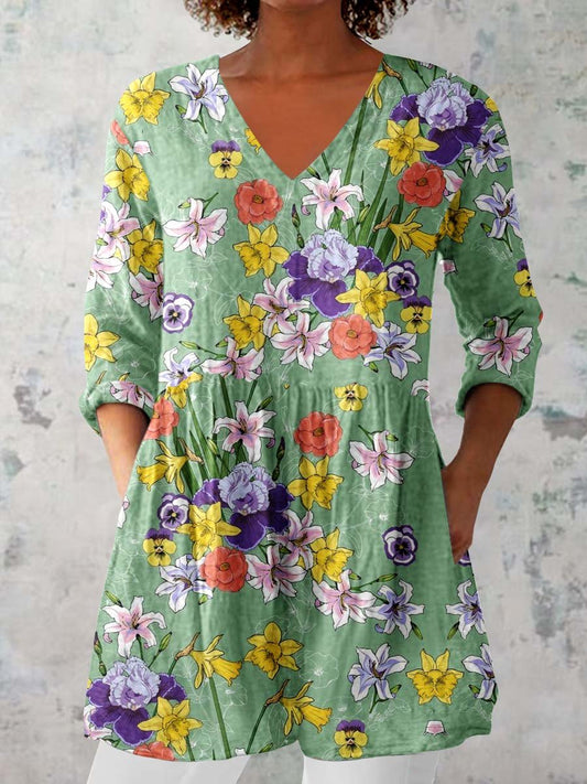 Women's Elegant Floral Pattern Round Neck Cotton and Linen Top