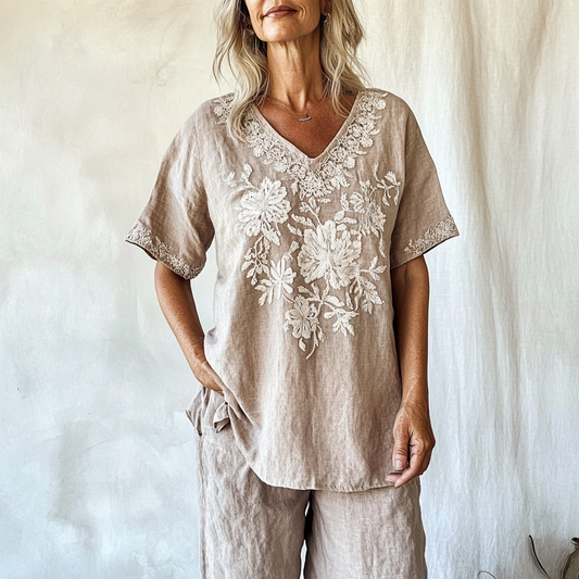 Comstylish Women's Vintage Floral Pattern Cotton And Linen V-neck Shirt